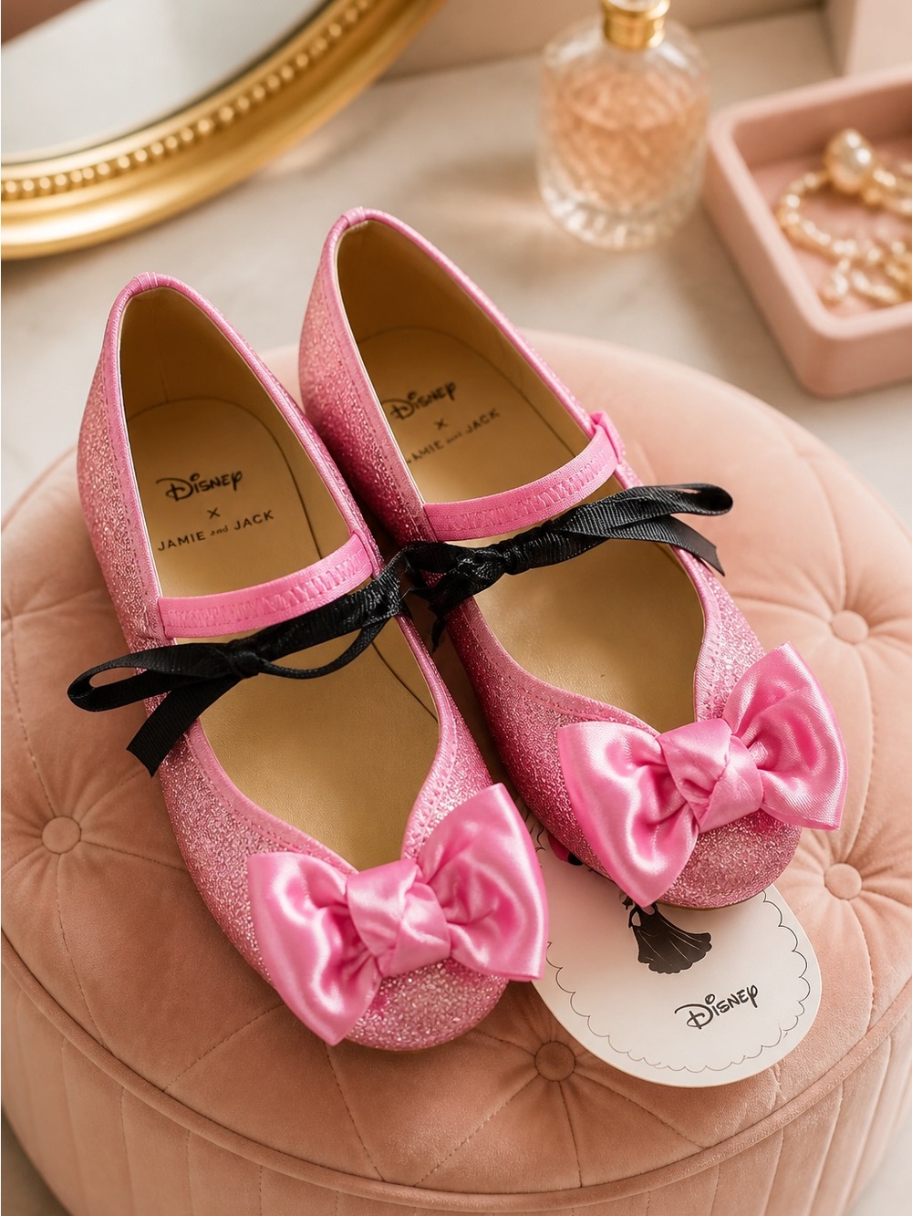 Mary Jane Pink Glitter Dress Shoes with Satin Bow and Black Ribbon